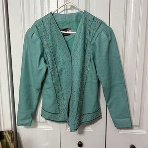 Vintage Vanna White Original Leather Jacket Turquoise Beaded Large Cowgirl